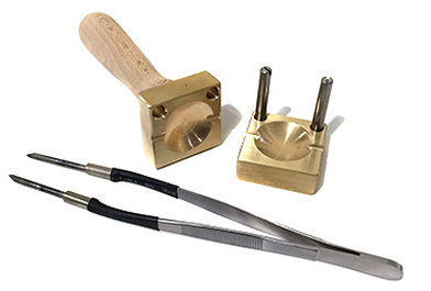 Glass working tools, tungsten tweezers and brass bead press