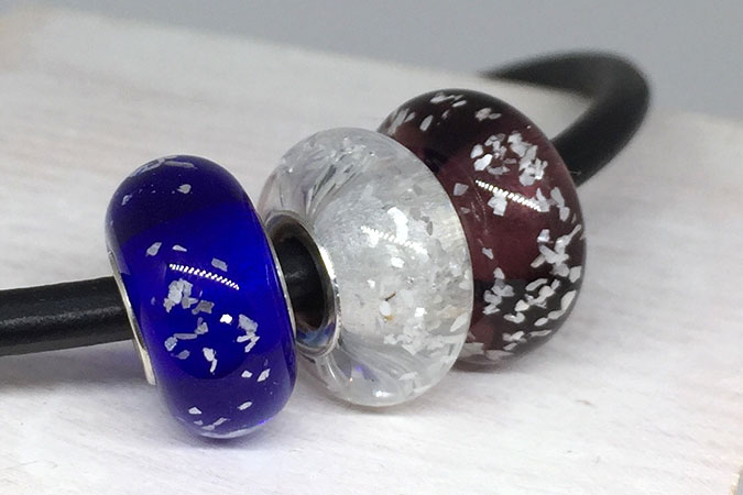 Handmade glass charm beads with sparkling mica flakes